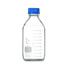 Schott Duran Original round GL45 clear borosilicate glass laboratory bottle with blue polypropylene screw cap and pouring ring 1000ml capacity