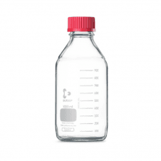 Schott Duran Original round GL45 clear borosilicate glass laboratory bottle with high temperature red PBT screw cap and ETFE pouring ring 2000ml capacity