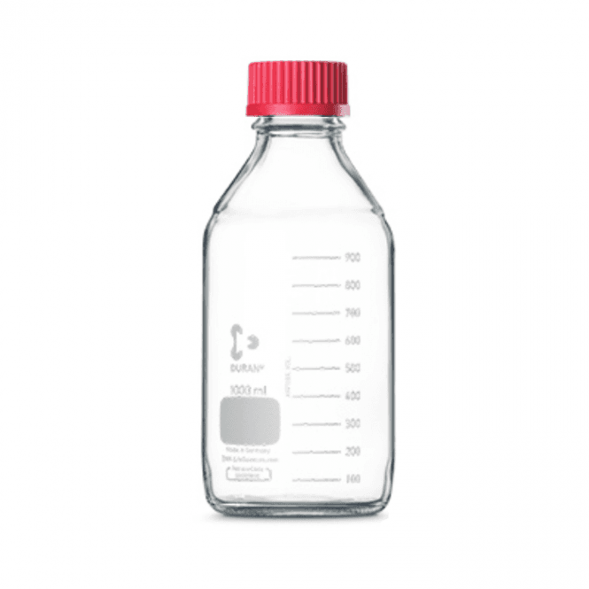 DWK Life Sciences Schott Duran Original round GL45 clear borosilicate glass laboratory bottle with high temperature red PBT screw cap and ETFE pouring ring 5000ml capacity