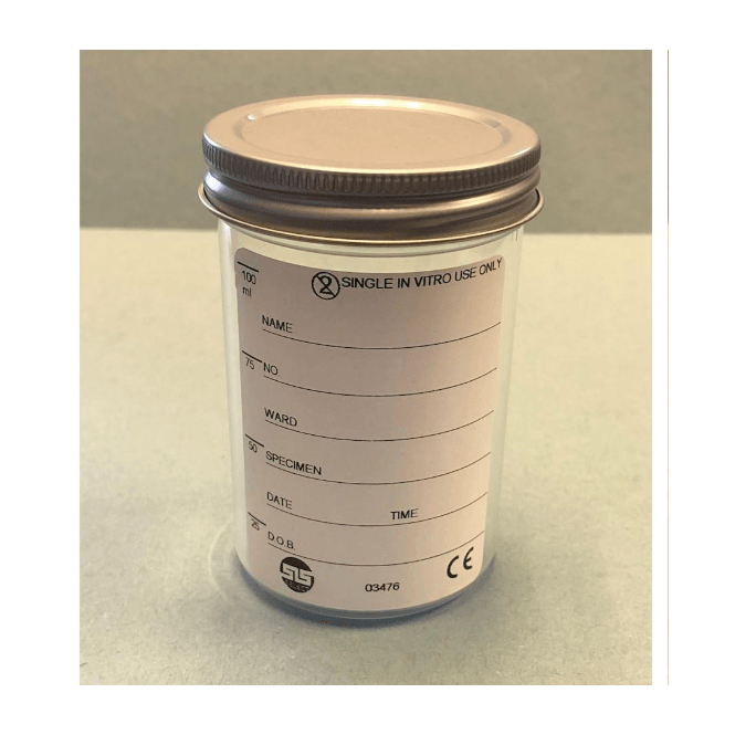 Scientific Laboratory Supplies SLS Select Container 100ml Polystyrene PS Aseptic With Metal Lid & Printed Label