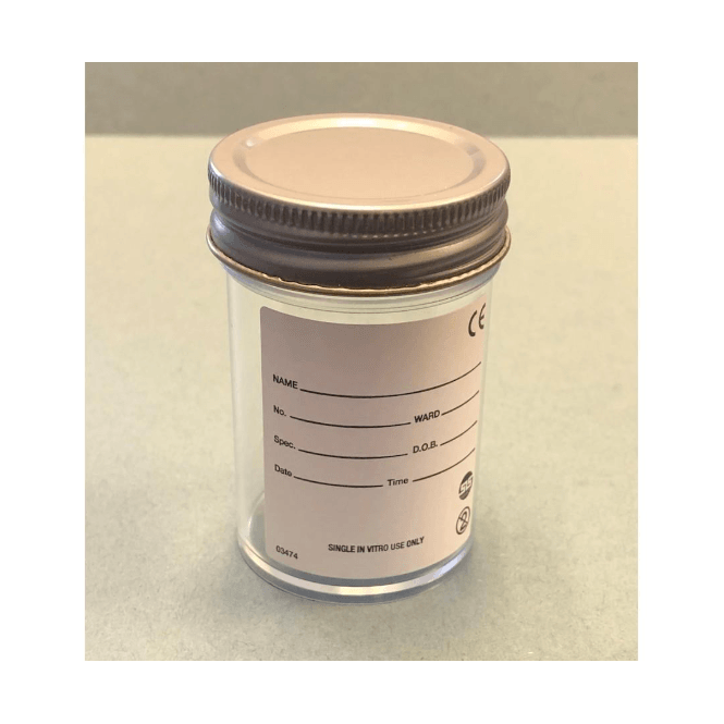 Scientific Laboratory Supplies SLS Select Container 60ml Polystyrene PS Aseptic With Metal Lid & Printed Label